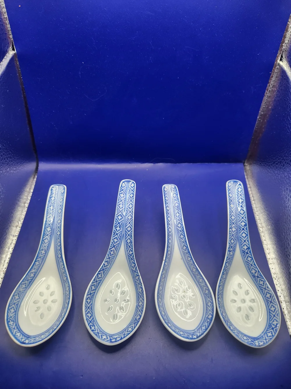Vintage Blue and White Porcelain Soup Spoons - Set of 4